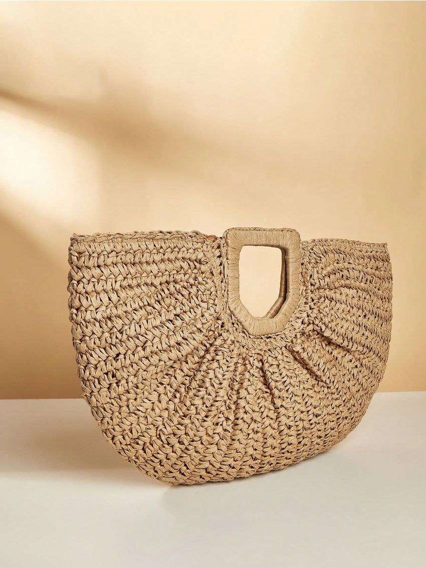 Khaki Oversized Straw Bag Double Handle Vacation Style