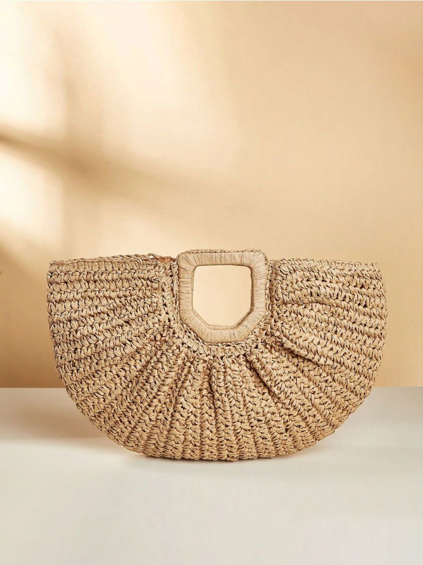 Khaki Oversized Straw Bag Double Handle Vacation Style