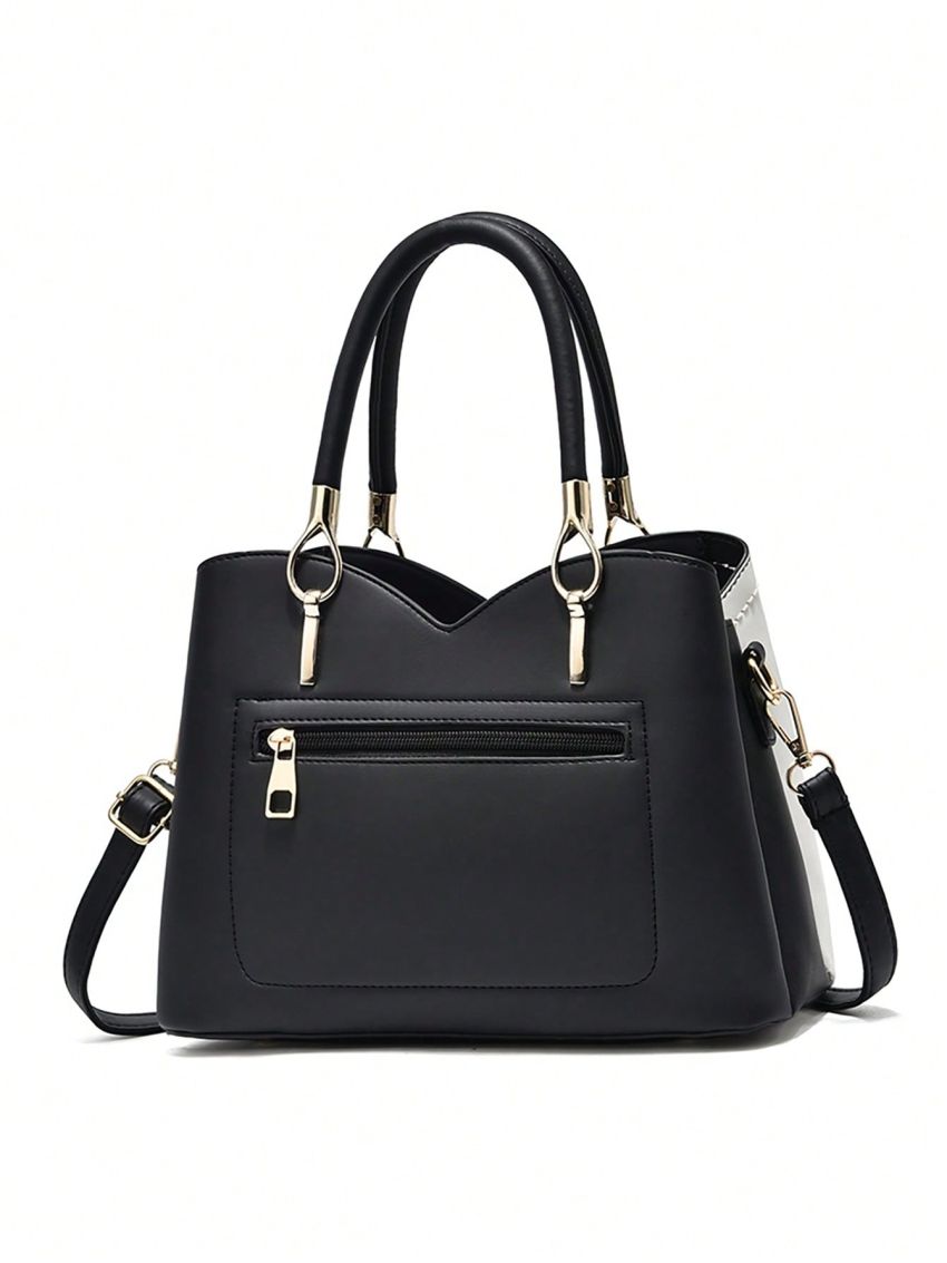 Medium Square Bag Colorblock Double Handle Heart Decor