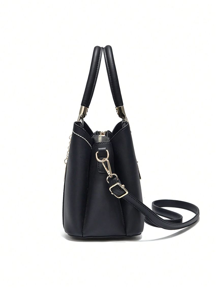 Medium Square Bag Colorblock Double Handle Heart Decor