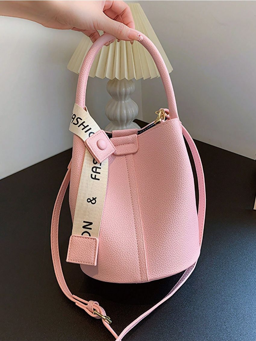 Litchi Embossed Bucket Bag Pink Small Minimalist