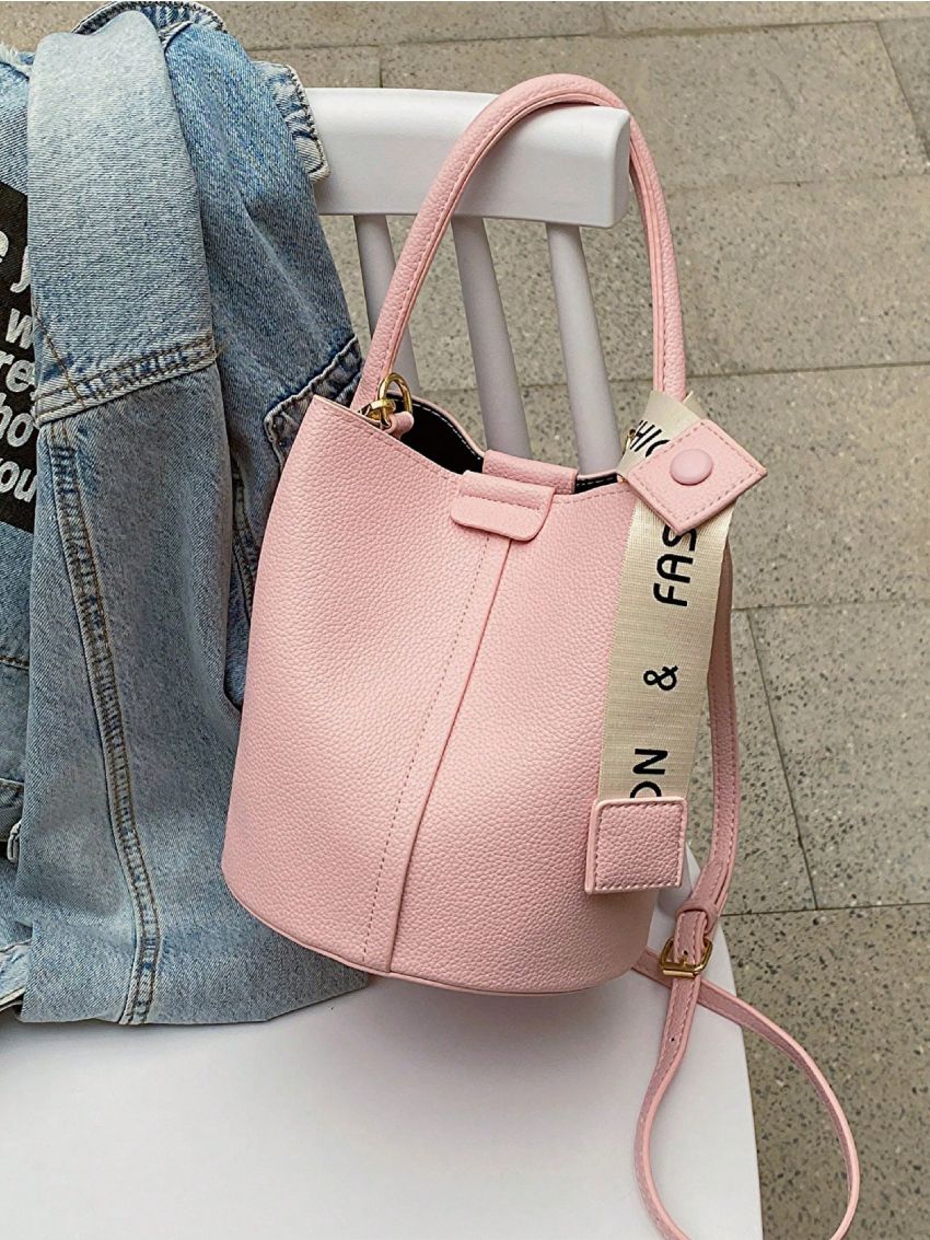 Litchi Embossed Bucket Bag Pink Small Minimalist