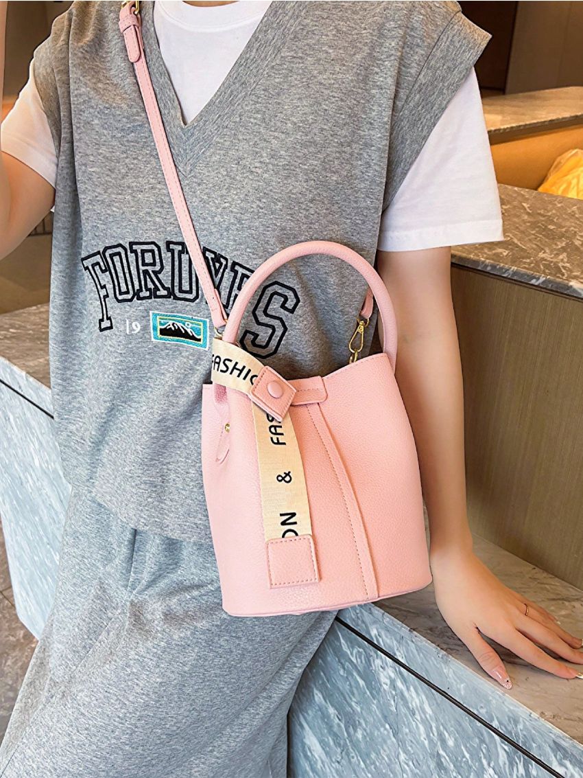 Litchi Embossed Bucket Bag Pink Small Minimalist