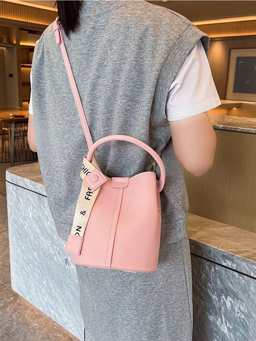 Litchi Embossed Bucket Bag Pink Small Minimalist
