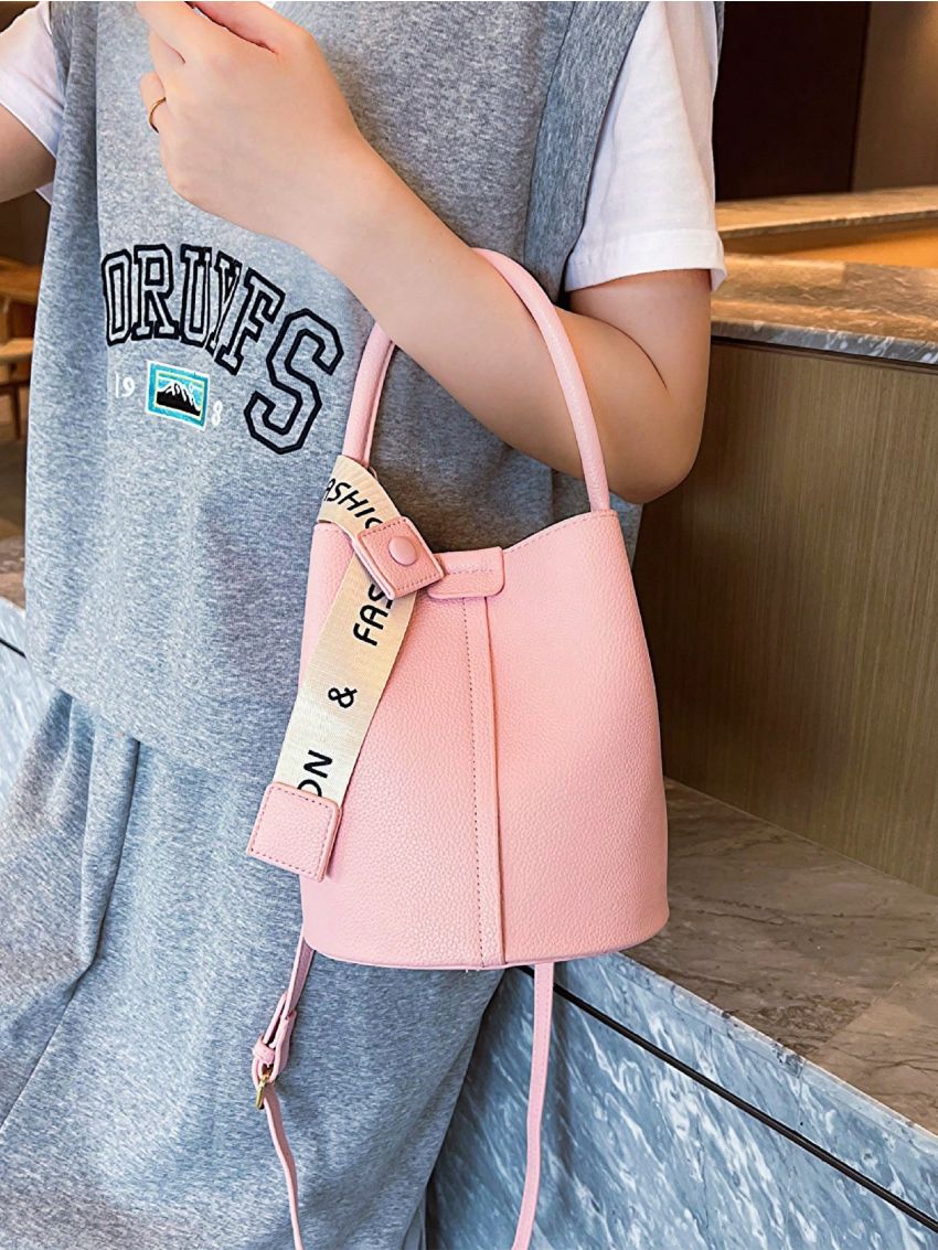 Litchi Embossed Bucket Bag Pink Small Minimalist