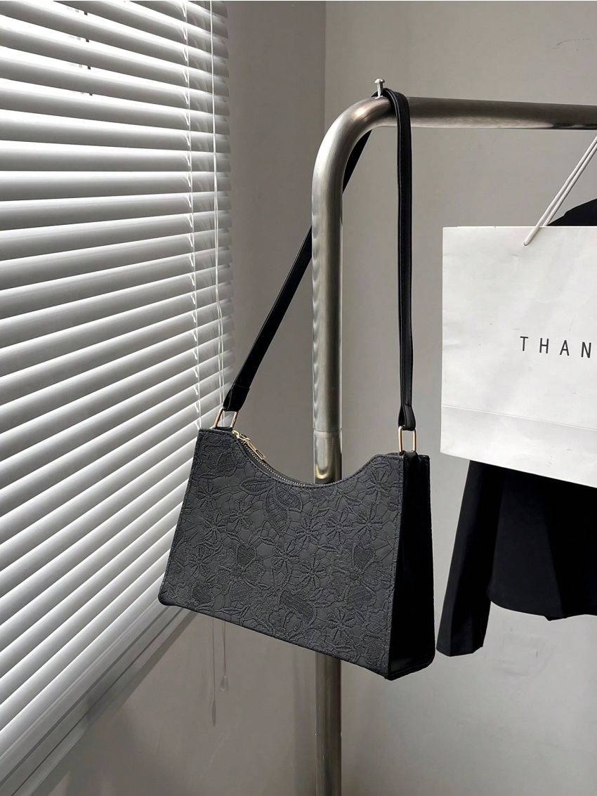 Flower Graphic Baguette Bag Medium Zipper Black