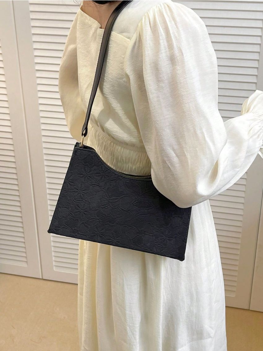 Flower Graphic Baguette Bag Medium Zipper Black