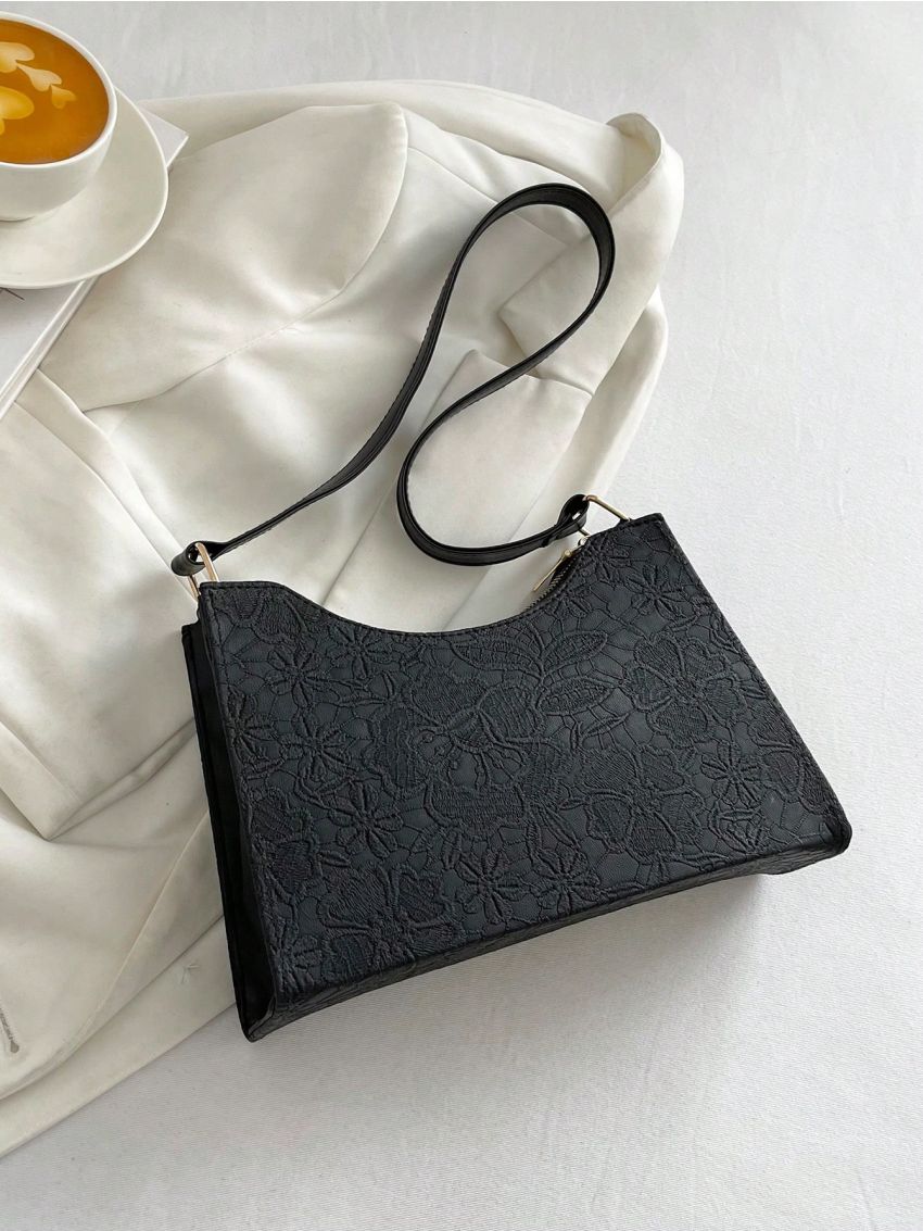 Flower Graphic Baguette Bag Medium Zipper Black