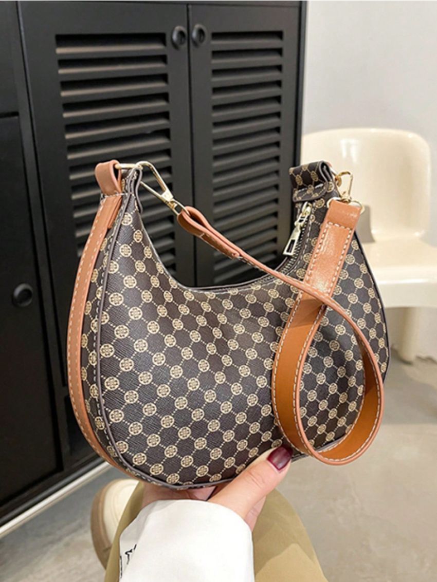 Geometric Pattern Hobo Bag Small Zipper Pu