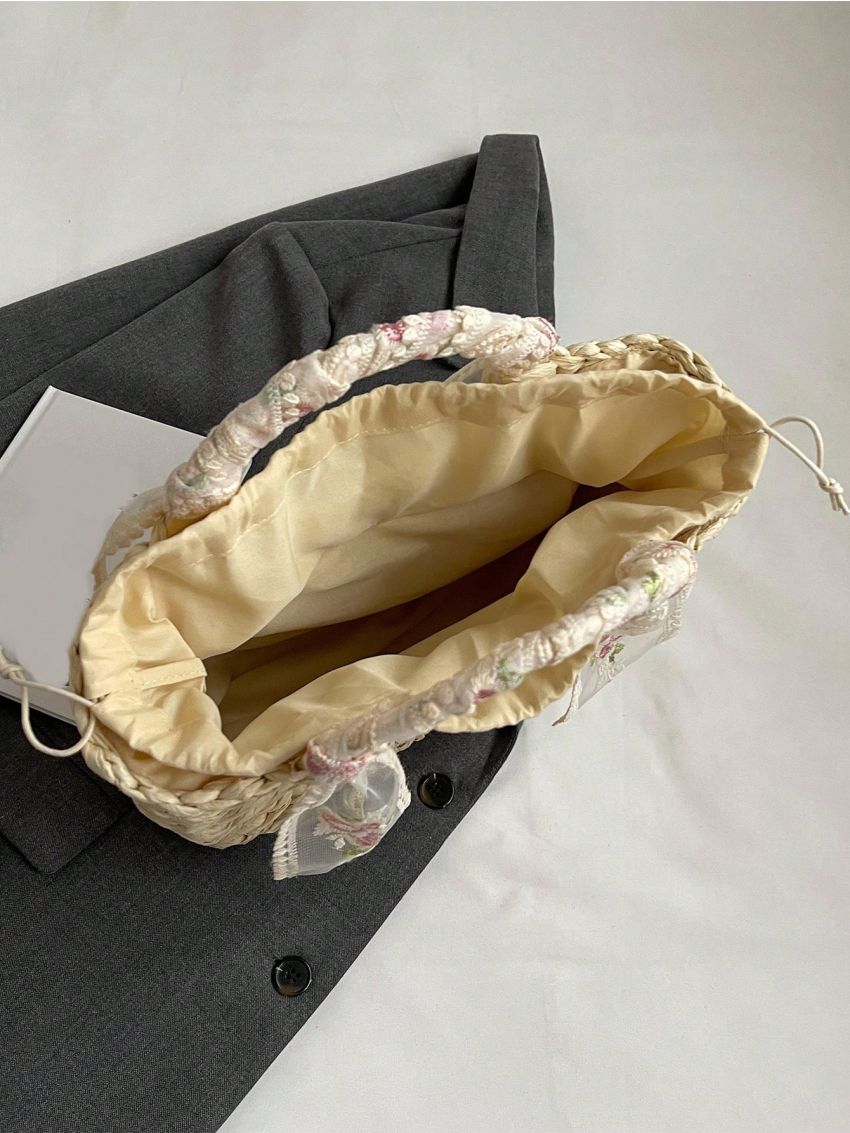 Twilly Scarf Decor Straw Bag Drawstring Design Vacation