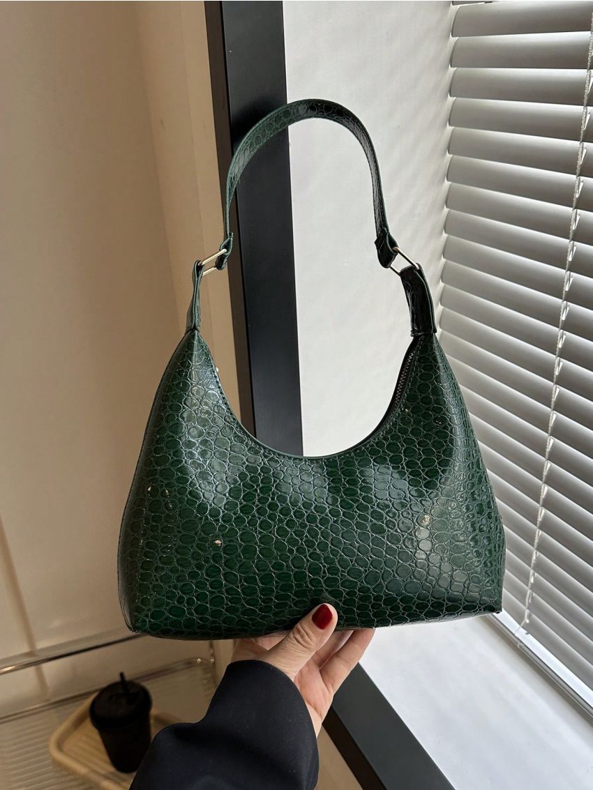 Crocodile Embossed Shoulder Bag, Trendy Solid Color Handbag, Women's Pu Underarm Bag