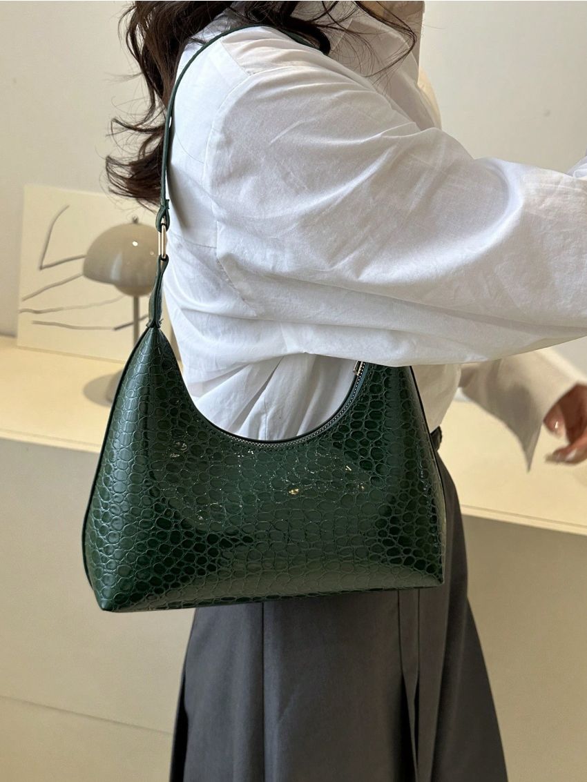 Crocodile Embossed Shoulder Bag, Trendy Solid Color Handbag, Women's Pu Underarm Bag