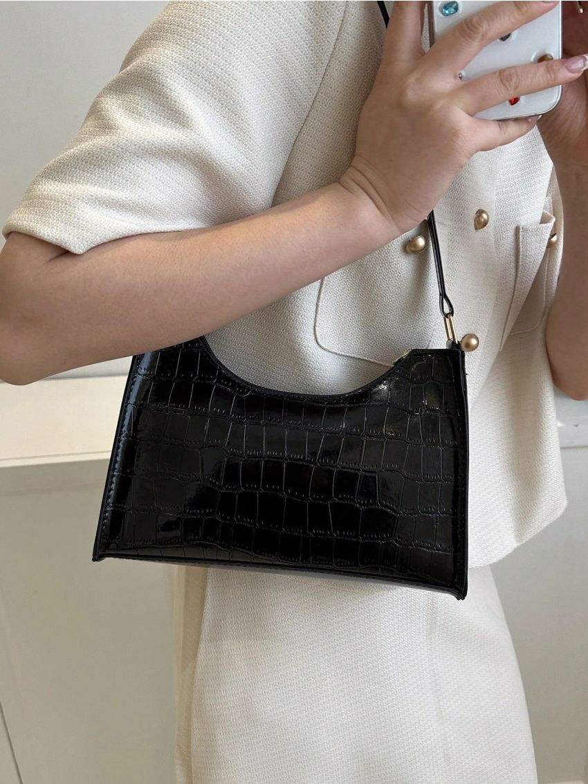 Crocodile Embossed Baguette Bag Zipper Metallic Funky