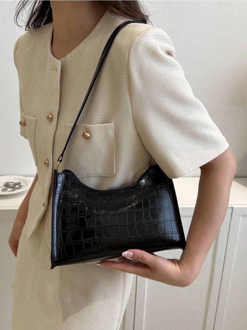 Crocodile Embossed Baguette Bag Zipper Metallic Funky