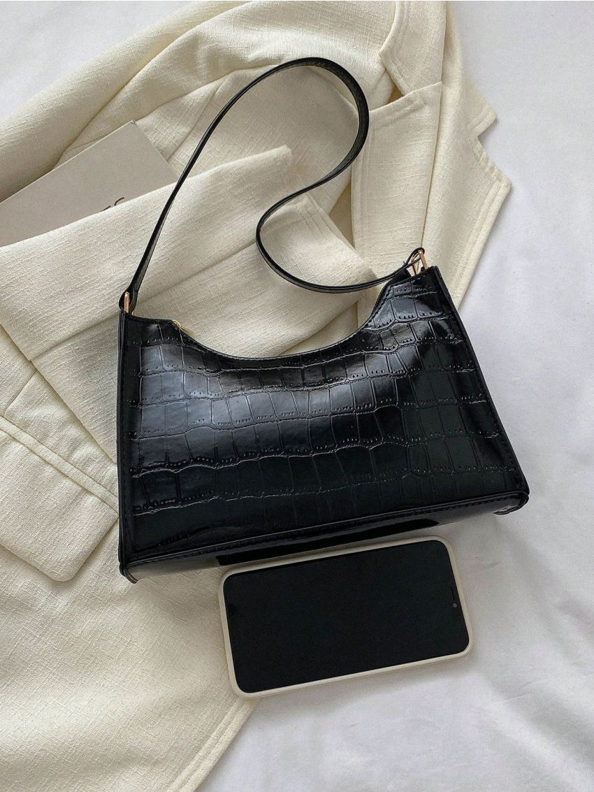 Crocodile Embossed Baguette Bag Zipper Metallic Funky