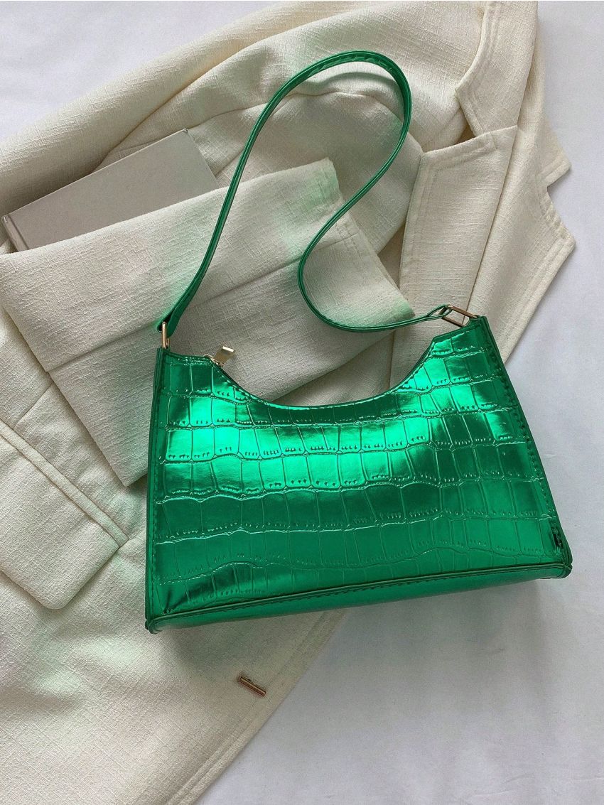 Crocodile Embossed Baguette Bag Zipper Metallic Funky