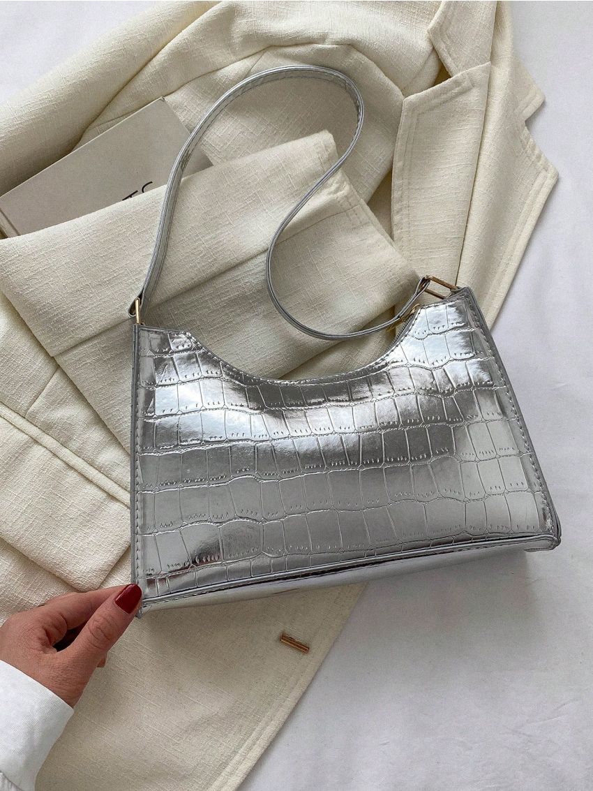 Crocodile Embossed Baguette Bag Zipper Metallic Funky