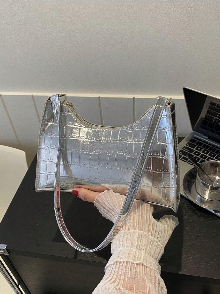 Crocodile Embossed Baguette Bag Zipper Metallic Funky