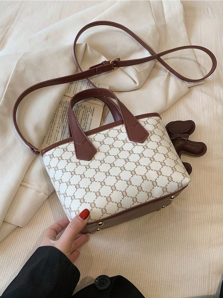 Geometric Pattern Square Bag Double Handle With Bag Charm