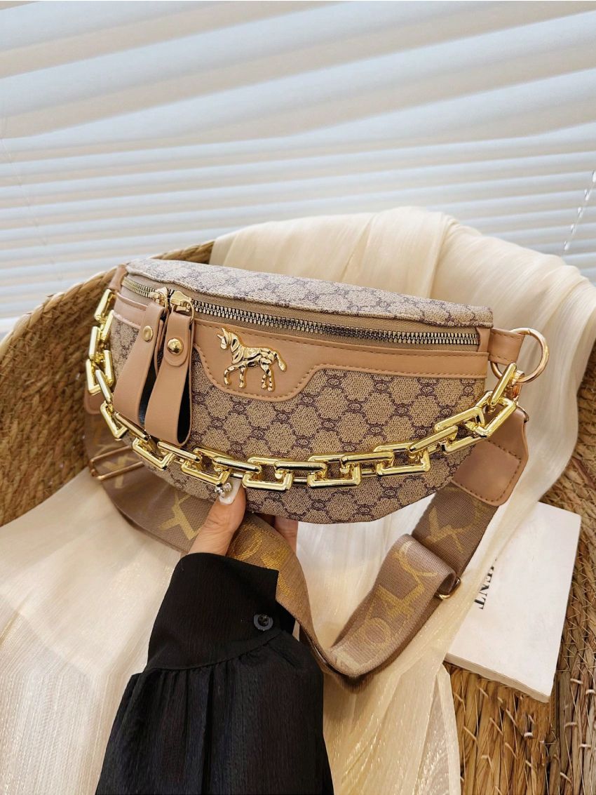 Geometric Pattern Fanny Pack Chain Decor Zipper