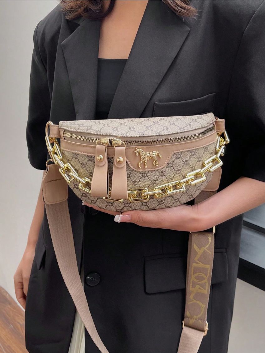 Geometric Pattern Fanny Pack Chain Decor Zipper