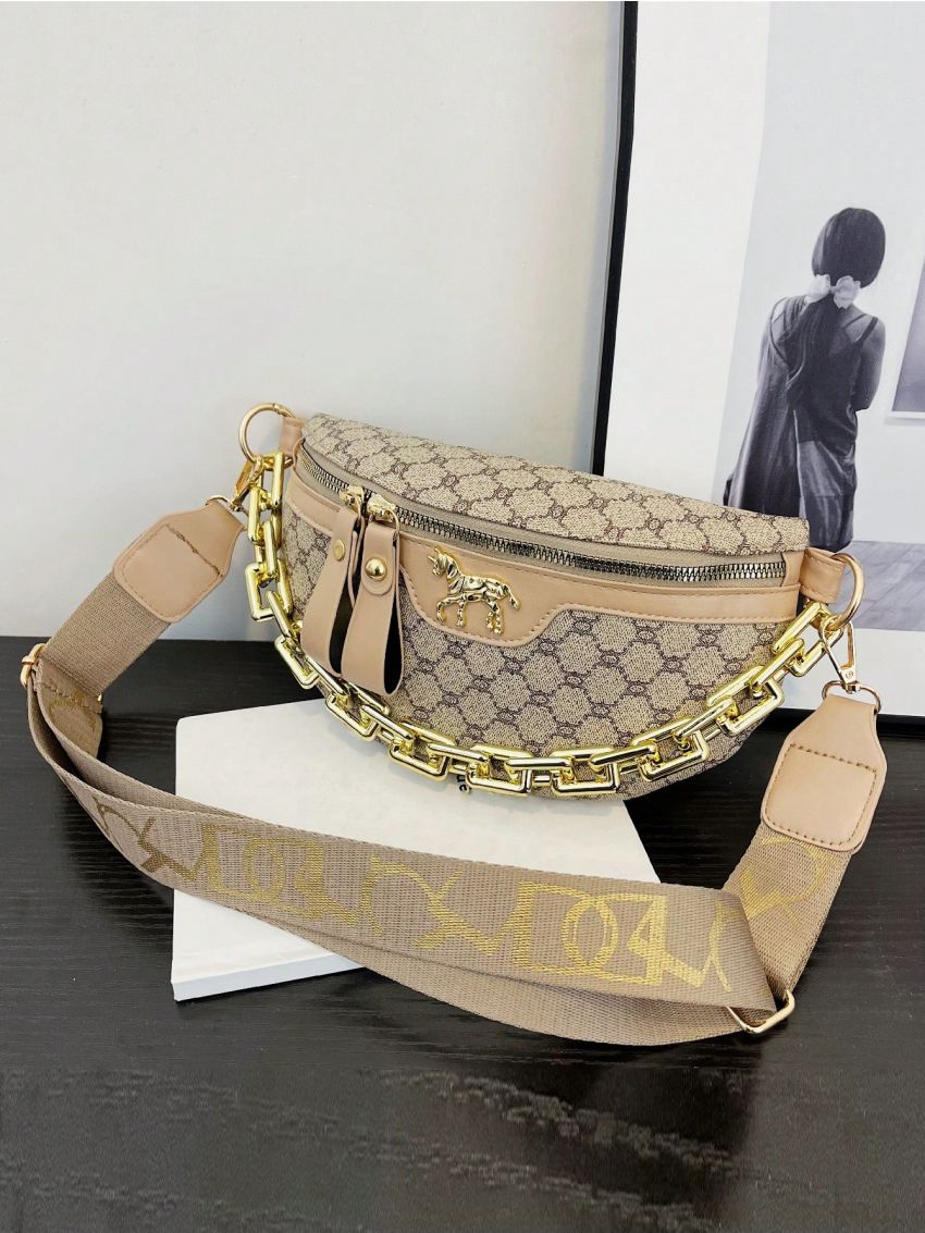 Geometric Pattern Fanny Pack Chain Decor Zipper