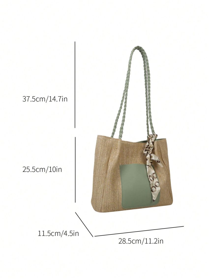 Twilly Scarf Decor Straw Bag Color Block Vacation