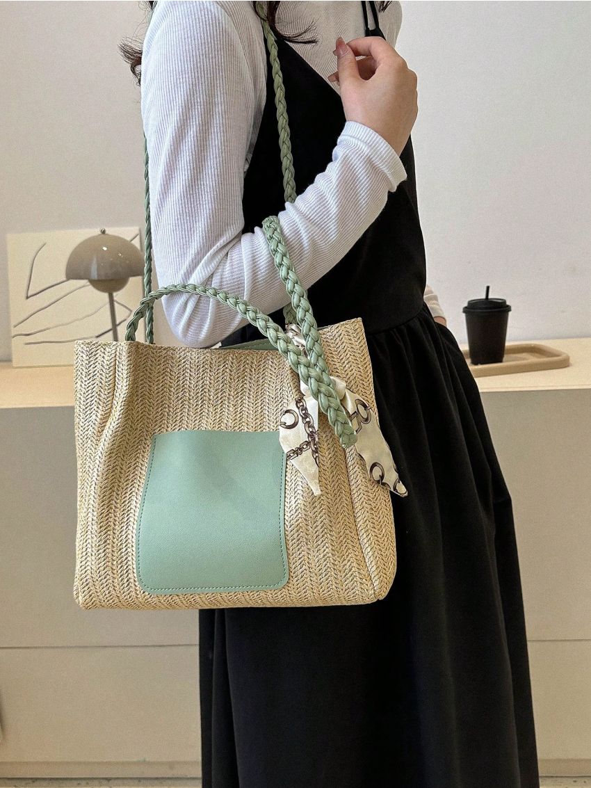 Twilly Scarf Decor Straw Bag Color Block Vacation