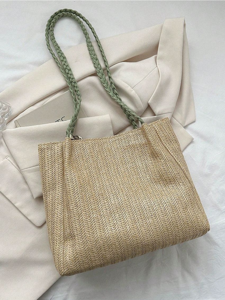 Twilly Scarf Decor Straw Bag Color Block Vacation