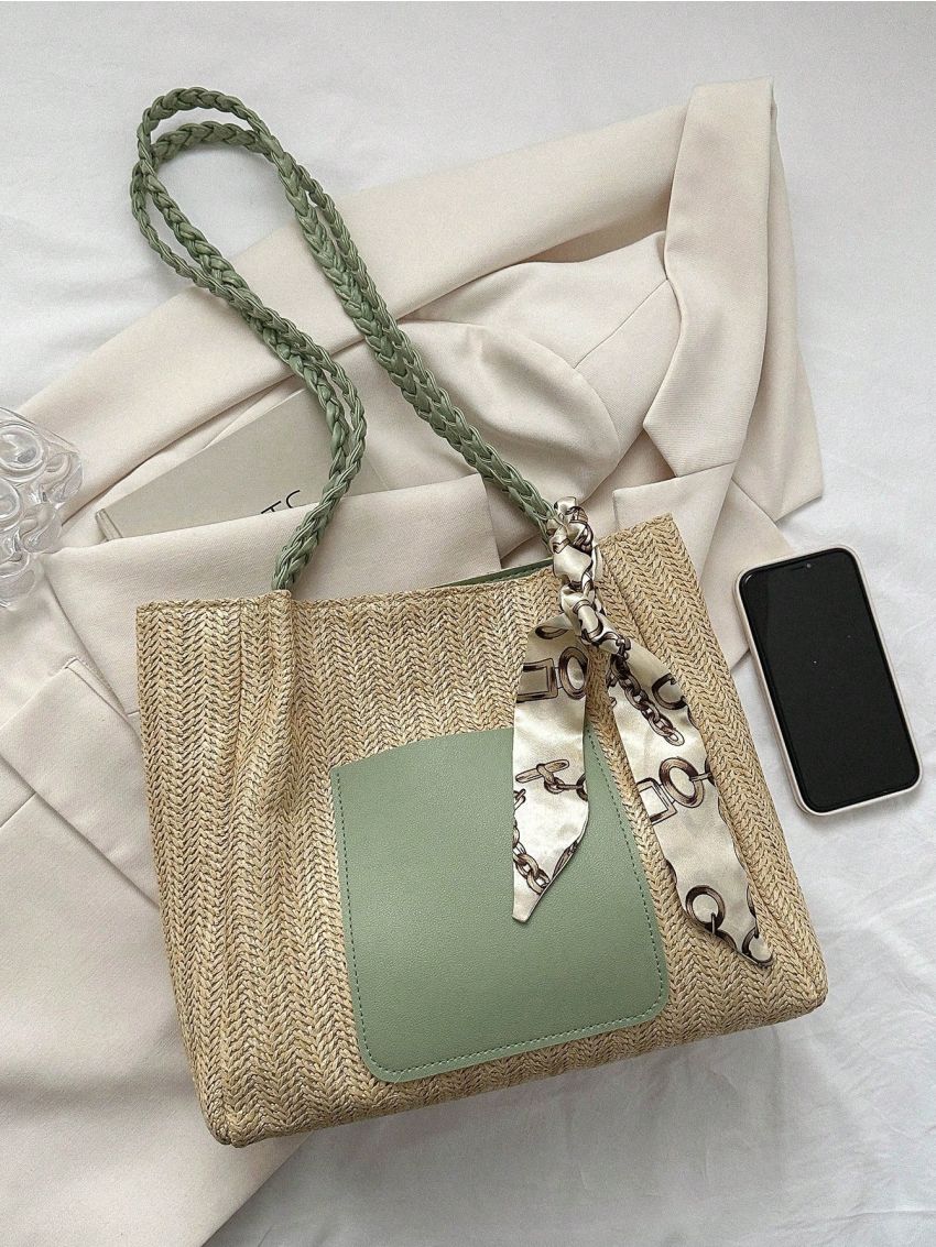 Twilly Scarf Decor Straw Bag Color Block Vacation