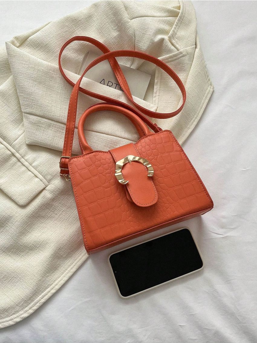 Crocodile Embossed Square Bag Buckle Decor Small