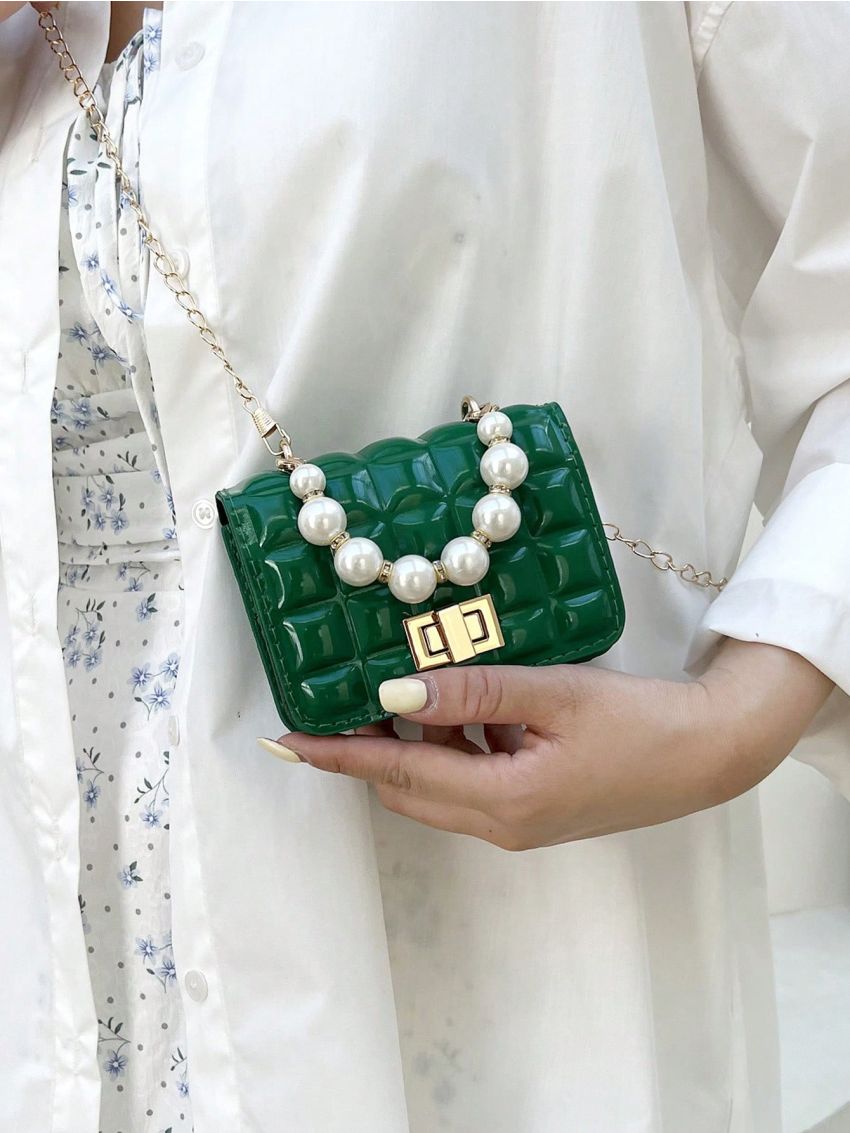 Mini Faux Pearl Beaded Square Bag Twist Lock