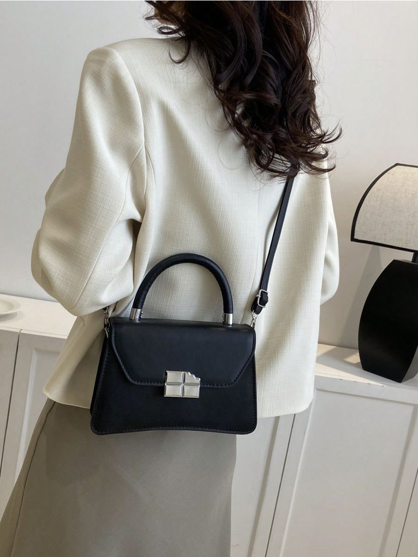 Mini Square Bag Metal Decor Black Flap Top Handle
