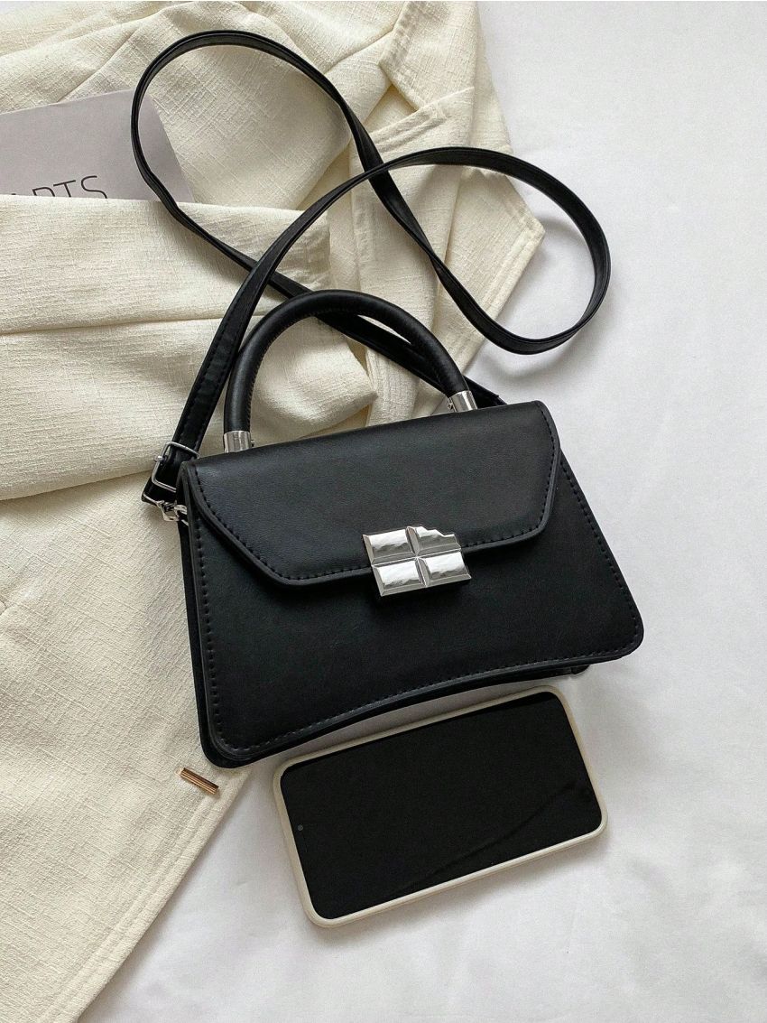 Mini Square Bag Metal Decor Black Flap Top Handle