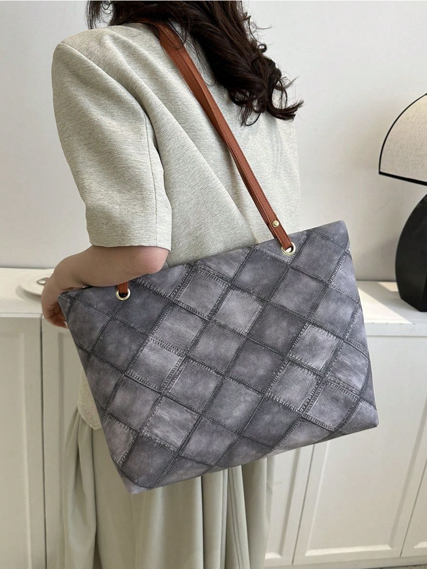 Plaid Pattern Shoulder Tote Bag Black Fashionable For Daily