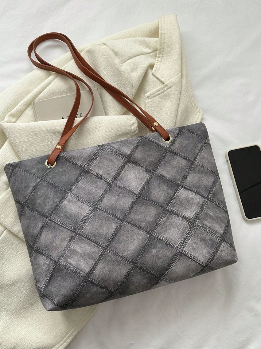 Plaid Pattern Shoulder Tote Bag Black Fashionable For Daily