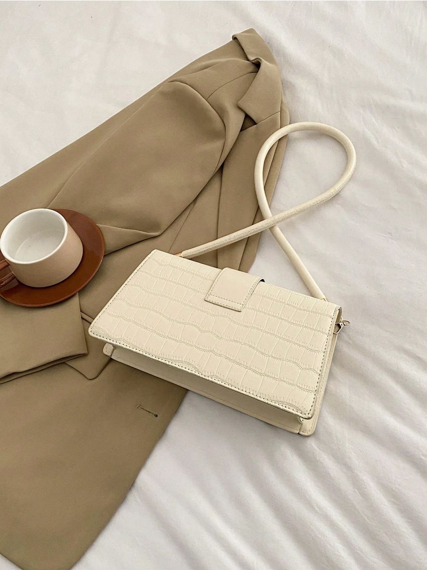 Crocodile Embossed Baguette Bag Black Elegant Flap For Work