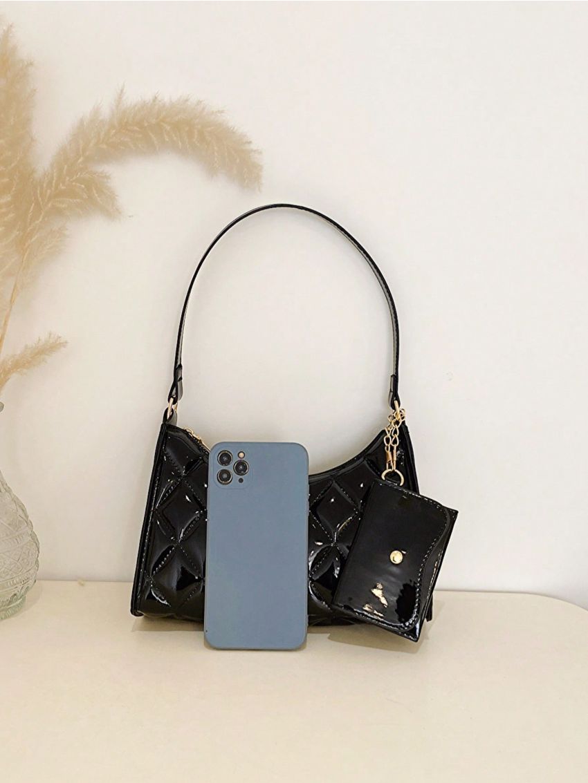 Quilted Baguette Bag Black Fashionable Shoulder Bag With Coin Purse