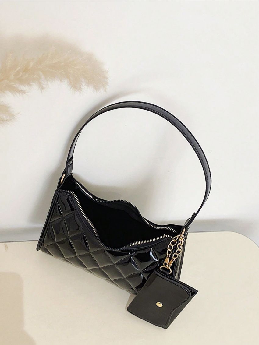 Quilted Baguette Bag Black Fashionable Shoulder Bag With Coin Purse