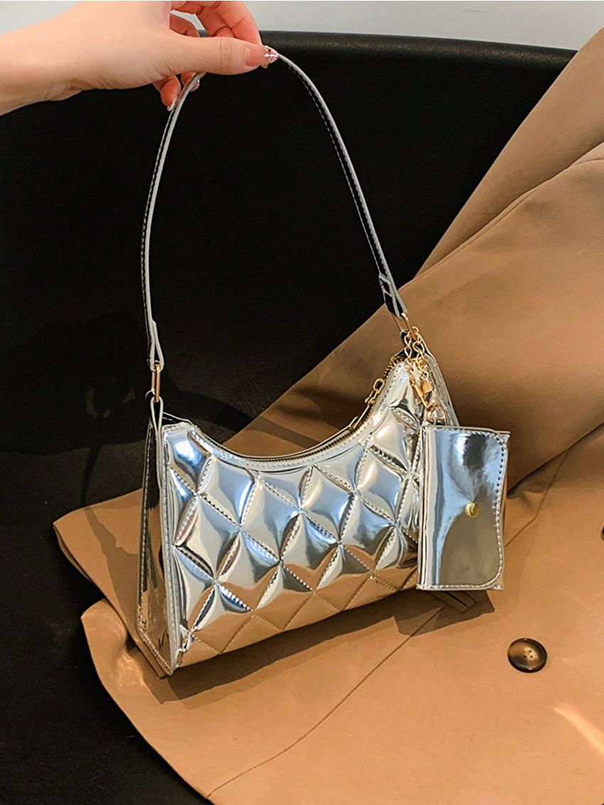 Quilted Baguette Bag Black Fashionable Shoulder Bag With Coin Purse