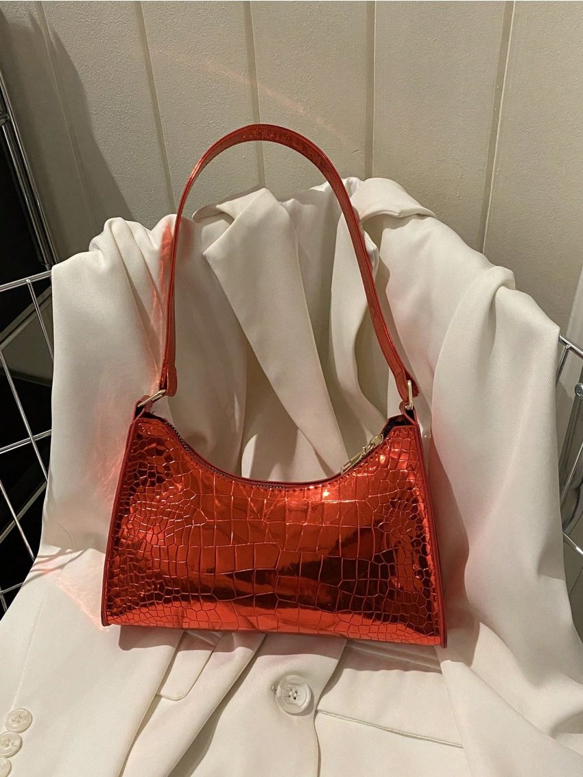 Crocodile Embossed Baguette Bag Gold Funky Shoulder Bag