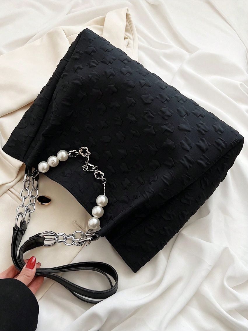 Black Shoulder Tote Bag Chain & Faux Pearl Decor Double Handle For Daily