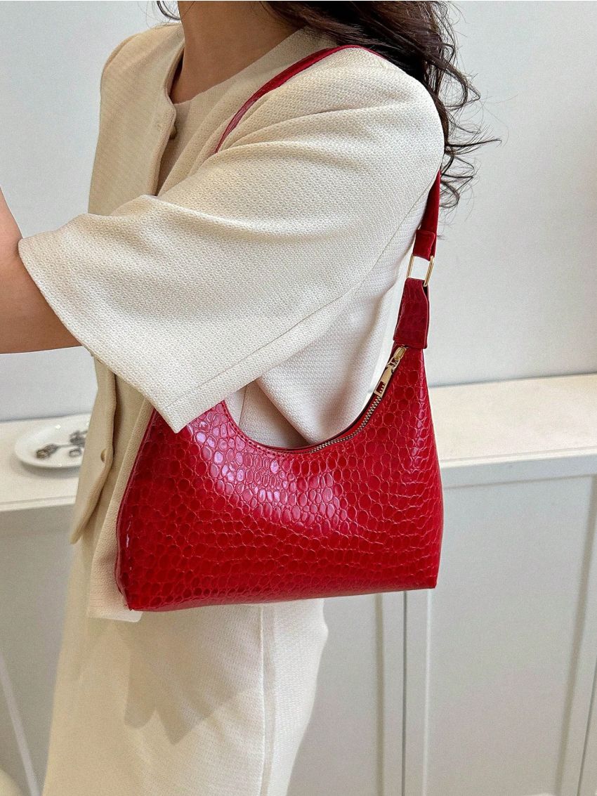 Crocodile Embossed Hobo Bag Blue With Zipper For Daily