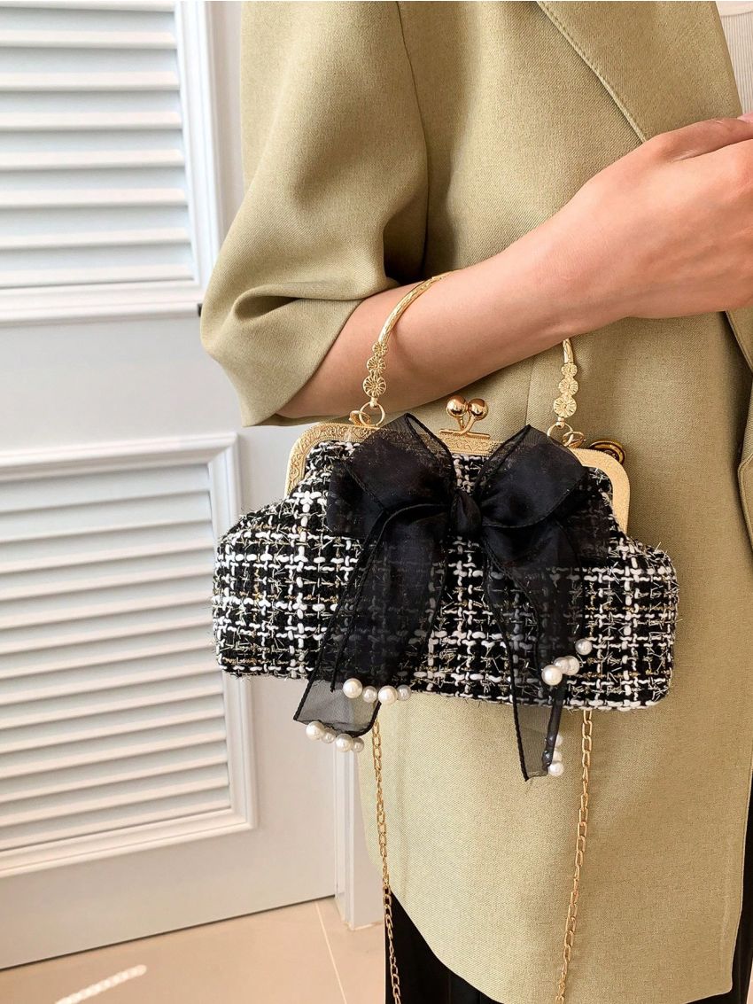 Plaid Pattern Dome Bag Bow Decor Top Handle