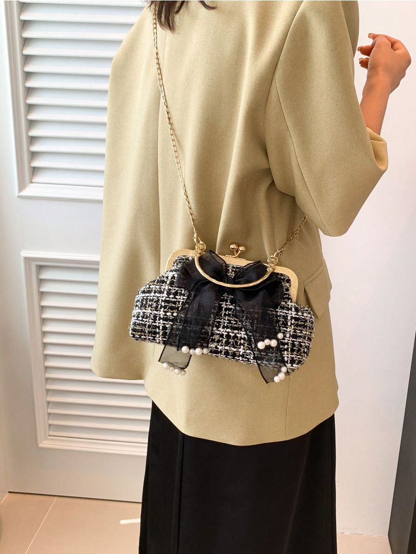 Plaid Pattern Dome Bag Bow Decor Top Handle