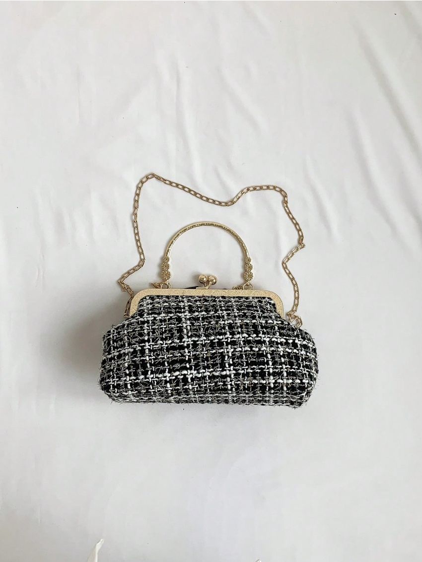 Plaid Pattern Dome Bag Bow Decor Top Handle