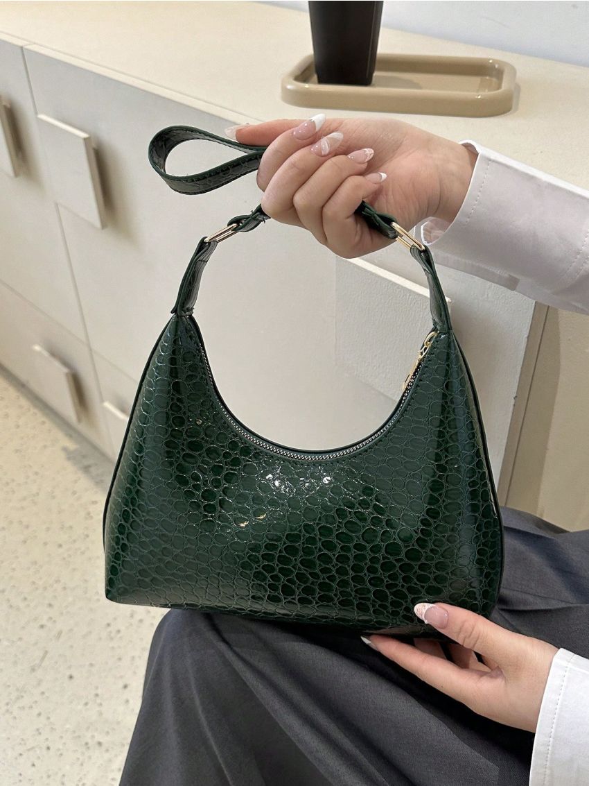Crocodile Embossed Hobo Bag Dark Green With Zipper