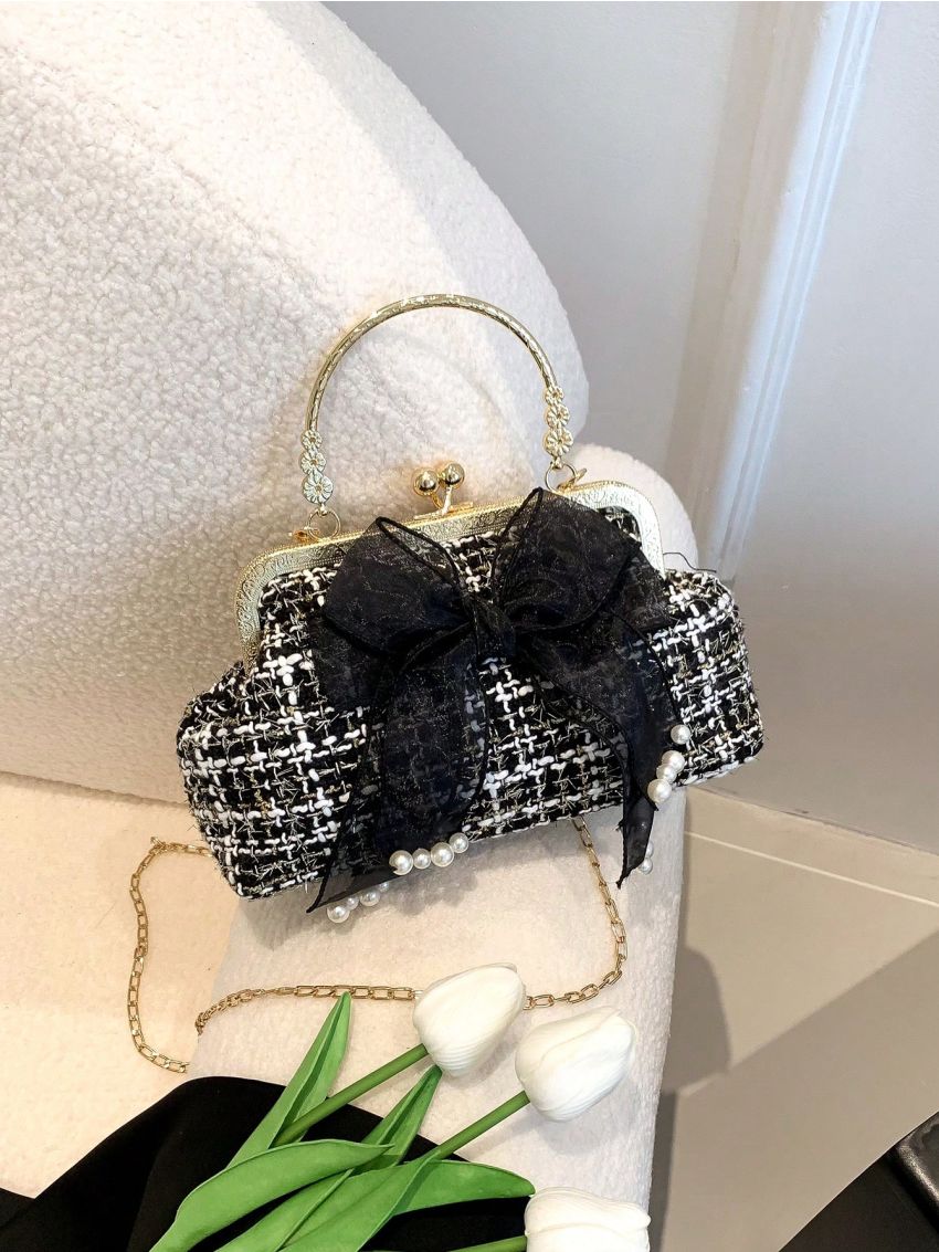 Plaid Pattern Dome Bag Bow Decor Top Handle