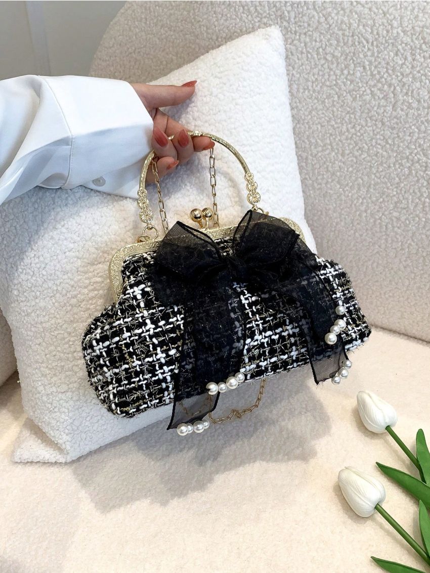 Plaid Pattern Dome Bag Bow Decor Top Handle