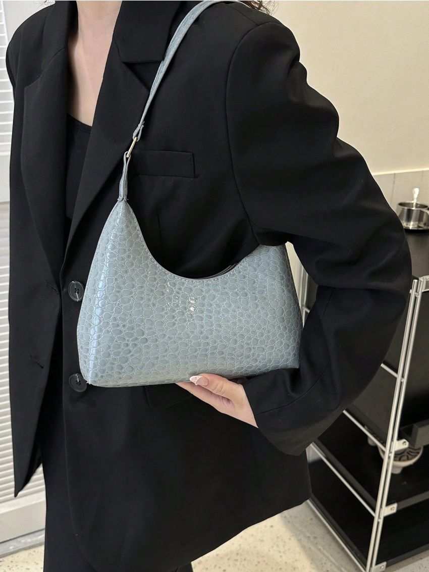 Crocodile Embossed Hobo Bag Baby Blue With Zipper For Daily